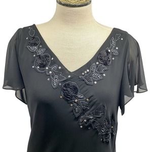 Adrianna Papell Womens Black Embroidered Sequin V Neck Sheath Dress Size 16W